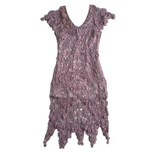 VTG Sue Wong Beaded Crochet 3D Floral Mini Dress Large L Blush Petal Pink Fairy